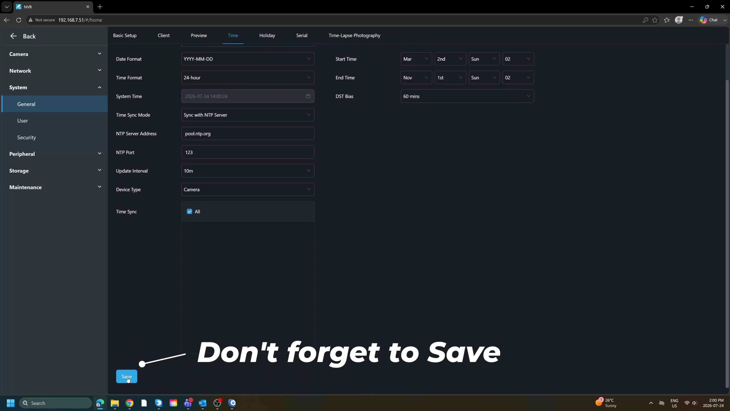 Uniview Time and NTP Settings